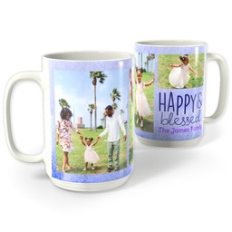 White Photo Mug, 15oz with Happy & Blessed design