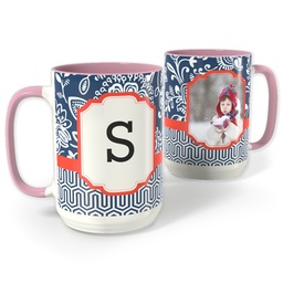 Pink Photo Mug, 15oz with Fancy Brocade Monogram design
