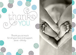 5x7 Greeting Card, Glossy, Blank Envelope with Dotted Thank You - Blue design