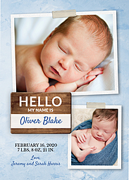5x7 Greeting Card, Glossy, Blank Envelope with Hello Baby Boy Announcement design