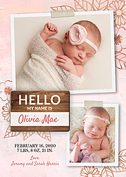 5x7 Greeting Card, Glossy, Blank Envelope with Hello Baby Girl Announcement design
