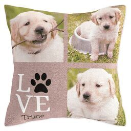 17x17 Tapestry Woven Pillow with Burlap Love Puppy Paw design