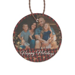 Bamboo Ornament - Round with Happy Holidays Plaid design