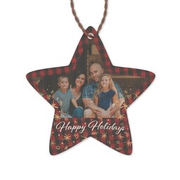 Bamboo Ornament - Star with Happy Holidays Plaid design