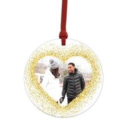 Metallic Photo Ornament, Round Ceramic with Holiday Heart design