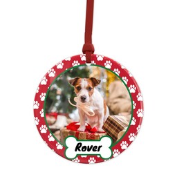 Metallic Photo Ornament, Round Ceramic with Paws Holiday design