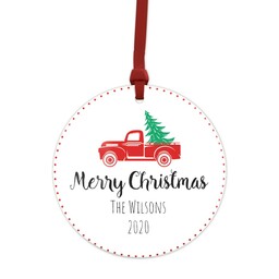 Metallic Photo Ornament, Round Ceramic with Red Truck Christmas design