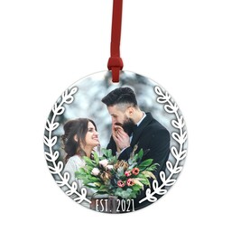 Metallic Photo Ornament, Round Ceramic with Simple Wreath design