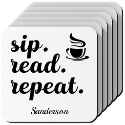 Photo Coasters, Set Of 6 with Sip, Read, Repeat design